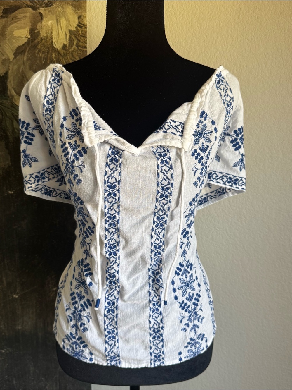 Lucky Brand White Top with Blue Embroidered Panels